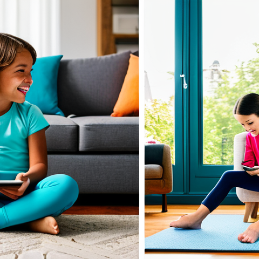 A captivating split image featuring two young children. On the left, a child sits indoors, slightly hunched over a tablet or phone, wearing modest home clothing, surrounded by a modern, cozy living room. On the right, another child joyfully runs and jumps in a sunny, vibrant community park, dressed in comfortable, modest activewear. The scene emphasizes the contrast between sedentary screen time and energetic outdoor play. High-quality professional photography, natural lighting, sharp focus, vivid colors, perfect anatomy, correct proportions, natural pose, well-formed hands, proper finger count, natural body proportions. fully clothed, appropriate attire, safe for work, appropriate content, family-friendly.