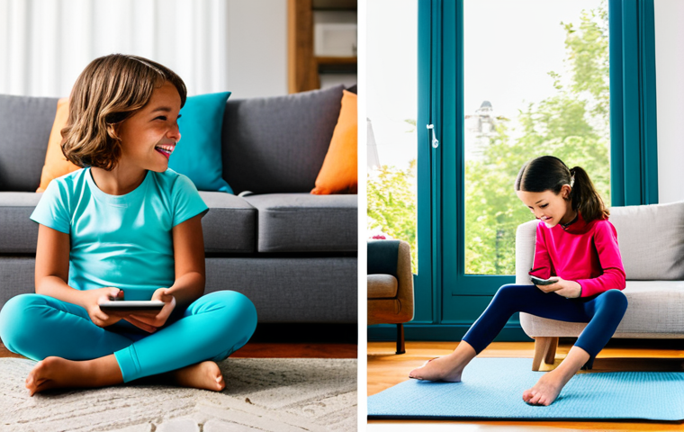 A captivating split image featuring two young children. On the left, a child sits indoors, slightly hunched over a tablet or phone, wearing modest home clothing, surrounded by a modern, cozy living room. On the right, another child joyfully runs and jumps in a sunny, vibrant community park, dressed in comfortable, modest activewear. The scene emphasizes the contrast between sedentary screen time and energetic outdoor play. High-quality professional photography, natural lighting, sharp focus, vivid colors, perfect anatomy, correct proportions, natural pose, well-formed hands, proper finger count, natural body proportions. fully clothed, appropriate attire, safe for work, appropriate content, family-friendly.