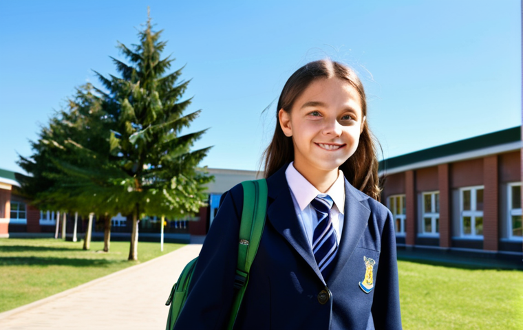 **
"A young girl in a modest school uniform, backpack on her shoulder, walking into a bright and welcoming school building. Trees and a clear blue sky in the background. Safe for work, appropriate content, fully clothed, professional, family-friendly, perfect anatomy, correct proportions, natural pose, well-formed hands, proper finger count, natural body proportions, high quality."
**