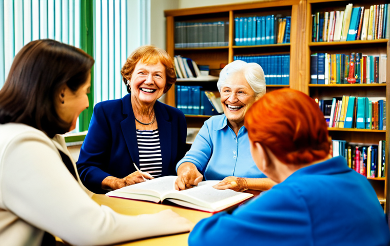시니어 문학 수업 - **
"A group of fully clothed senior citizens in a brightly lit classroom, gathered around a table w...