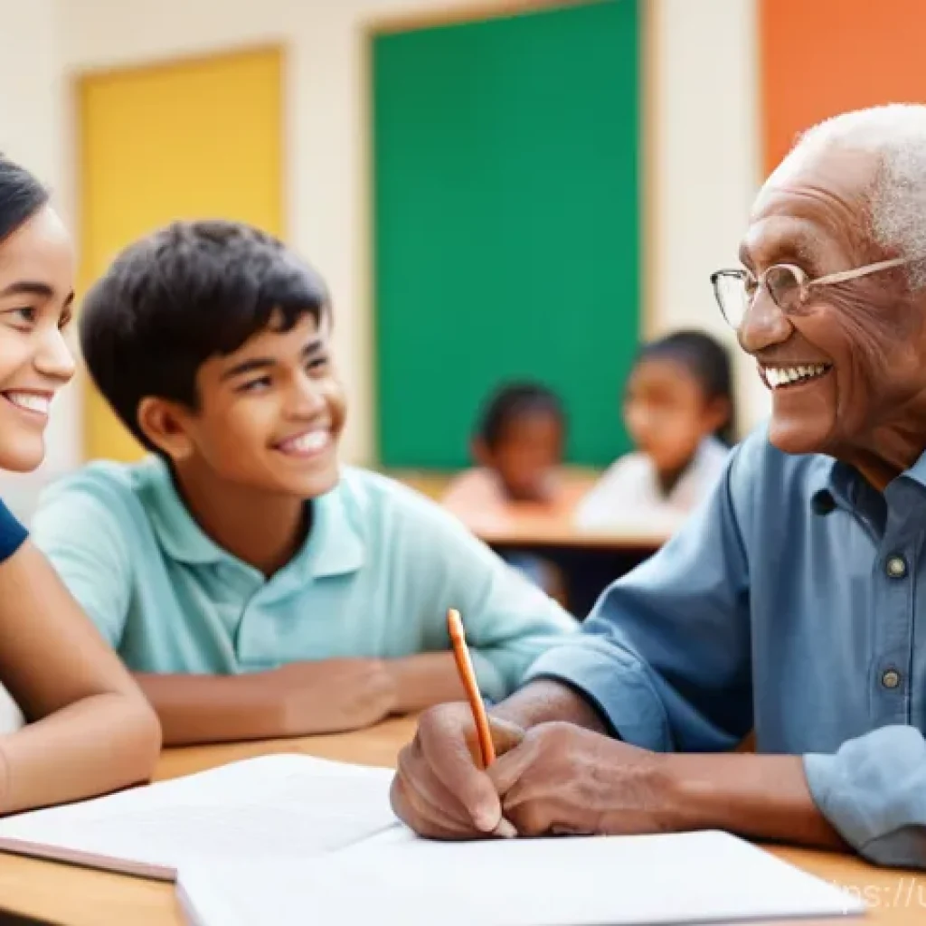 시니어 봉사활동 - **Prompt 1: Renewed Purpose Through Mentorship**
A wide-angle, vibrant, and warm shot of a disti...