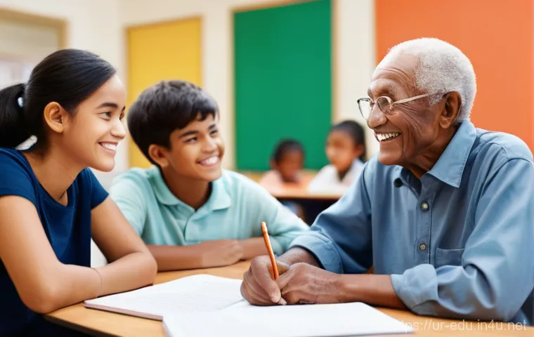 시니어 봉사활동 - **Prompt 1: Renewed Purpose Through Mentorship**
A wide-angle, vibrant, and warm shot of a disti...