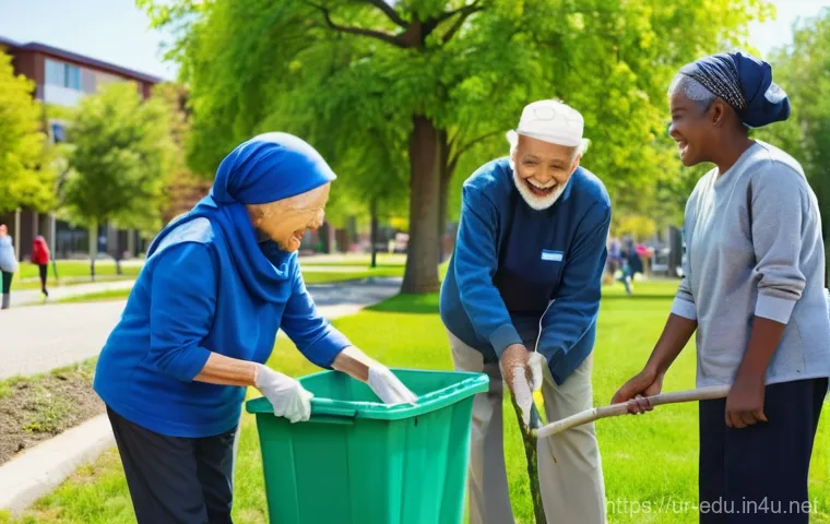 시니어 봉사활동 - **Prompt 2: Joyful Intergenerational Gardening**
    A cheerful and brightly lit outdoor scene in a ...