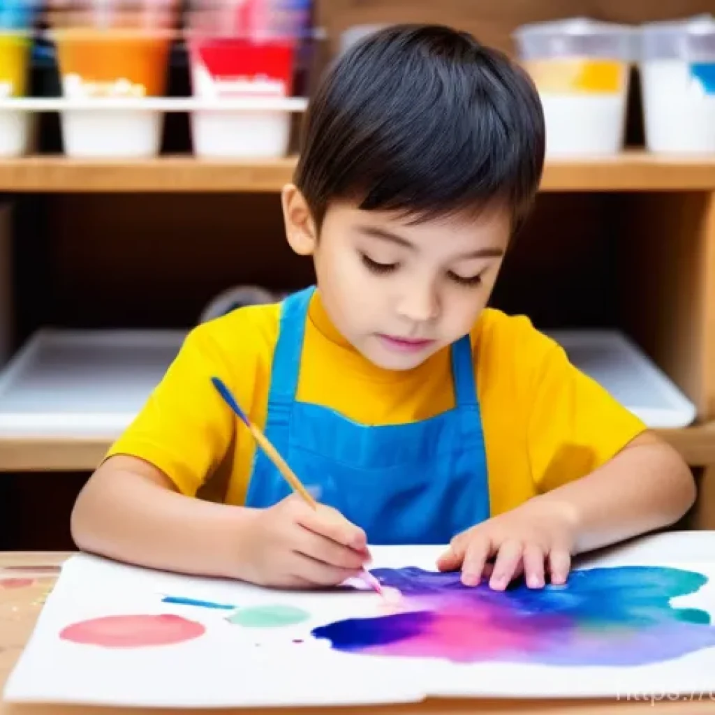 아이들의 생각 훈련 - **Prompt: "A 7-year-old child, boy or girl, wearing a vibrant, paint-splattered art smock over their...