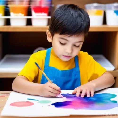 Home 31 아이들의 생각 훈련 - **Prompt: "A 7-year-old child, boy or girl, wearing a vibrant, paint-splattered art smock over their...