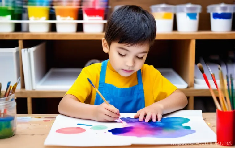 아이들의 생각 훈련 - **Prompt: "A 7-year-old child, boy or girl, wearing a vibrant, paint-splattered art smock over their...