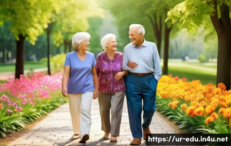 시니어의 삶의 질 증진 - **Prompt:** A vibrant outdoor scene depicting a group of three elderly individuals, two women and on...