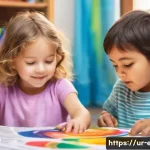 Home 17 유아 미술 교육 - A joyful and imaginative scene of two young children, around 4-6 years old, sitting at a low table c...