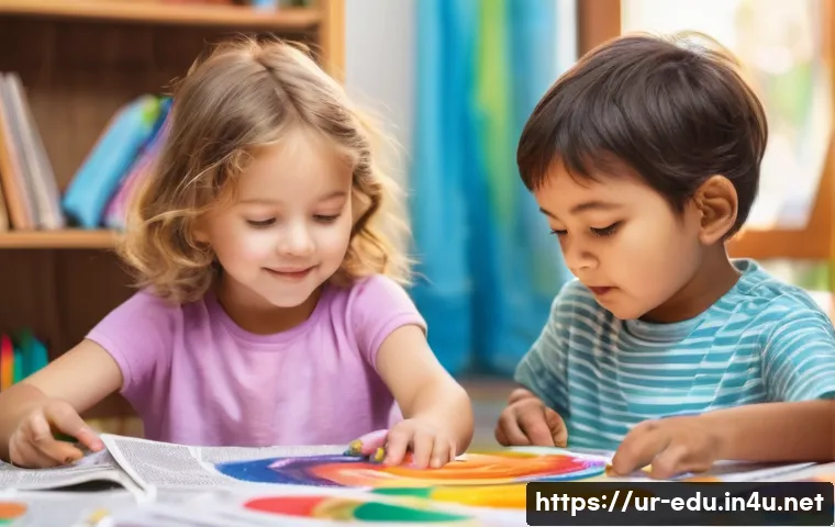 유아 미술 교육 - A joyful and imaginative scene of two young children, around 4-6 years old, sitting at a low table c...