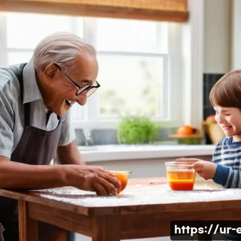 시니어와 함께하는 과학 실험 - **Prompt 1: Joyful Volcano Experiment with Grandfather and Grandson**
"A cozy indoor scene where...