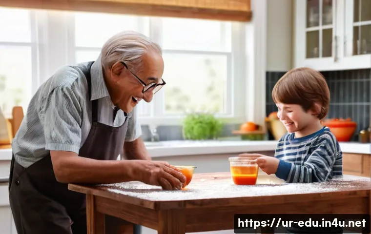 시니어와 함께하는 과학 실험 - **Prompt 1: Joyful Volcano Experiment with Grandfather and Grandson**
"A cozy indoor scene where...